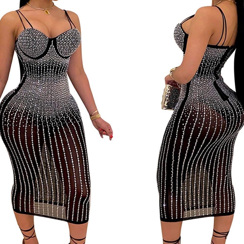 Women’s Sexy Black BodyCon Sheer Dress with Bodysuit 5XL
